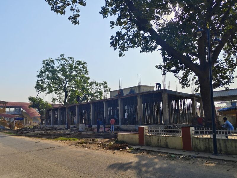 The platform side structure under construction alongside the road